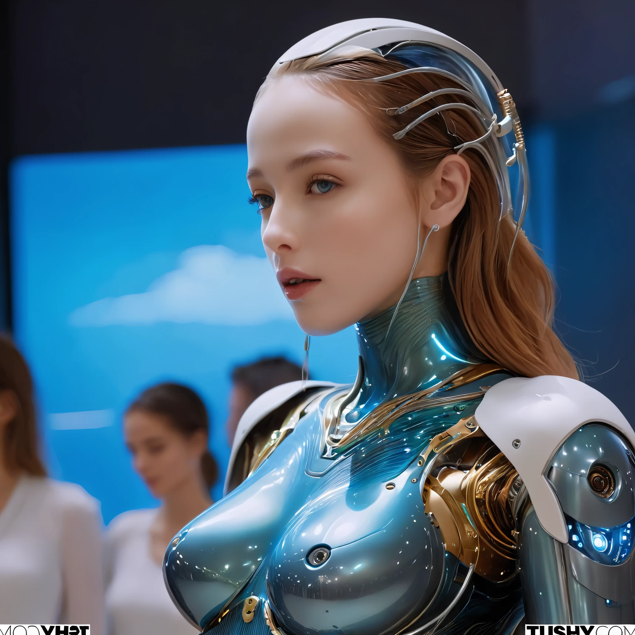 A close up of a woman in a futuristic suit with a headband - SeaArt AI