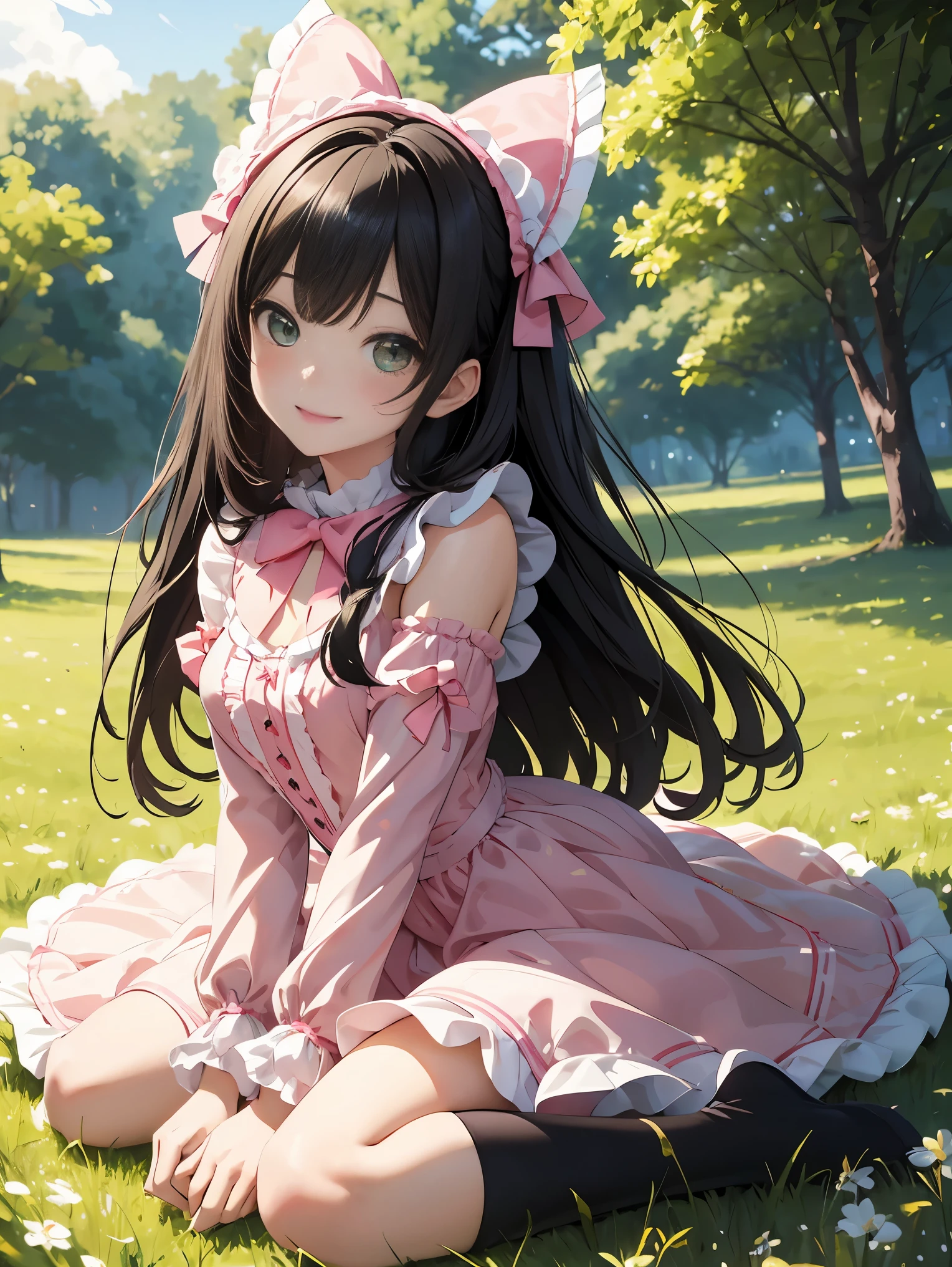 top-quality、​8K Masterpiece、Draw the face in detail、1 childish girl、pink Lolita costume、Full body、kawaii pose、professional lighting、Happy expression、Shiny black hair、perfect anatomy、In a green meadow