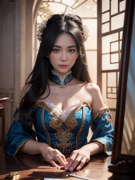 High quality, Masterpiece, Masterpiece, Exquisite facial features, Exquisite Hair, Elaborate Eyes, Off-bshoulders，Delicate colored hair, 4K quality, Gorgeous light and shadow, Tyndall effect, Halo, Messy hair, Young state, Gorgeous scenes, Beautifully dressed, feater,Ancient Chinese beauty with big eyes，detail-rich, Digital painting, art stations, concept-art, Sharp focus, illustration, Small breasts