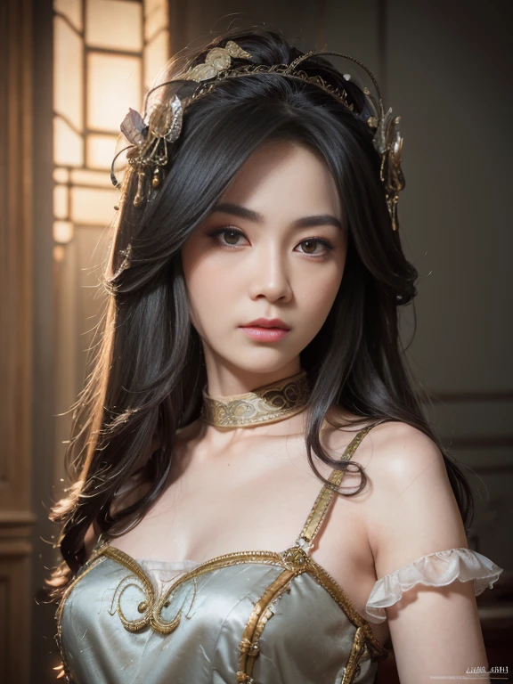 High quality, Masterpiece, Masterpiece, Exquisite facial features, Exquisite Hair, Elaborate Eyes, Off-bshoulders，Delicate colored hair, 4K quality, Gorgeous light and shadow, Tyndall effect, Halo, Messy hair, Young state, Gorgeous scenes, Beautifully dressed, feater,Ancient Chinese beauty with big eyes，detail-rich, Digital painting, art stations, concept-art, Sharp focus, illustration, Small breasts