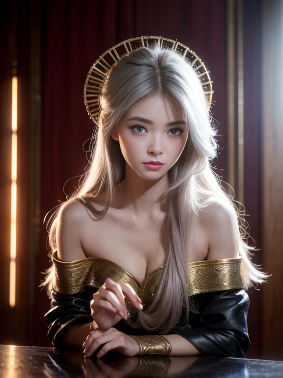 High quality, Masterpiece, Masterpiece, Exquisite facial features, Exquisite Hair, Elaborate Eyes, Off-bshoulders，Delicate colored hair, 4K quality, Gorgeous light and shadow, Tyndall effect, Halo, Messy hair, Young state, Gorgeous scenes, Beautifully dressed, feater,Ancient Chinese beauty with big eyes，detail-rich, Digital painting, art stations, concept-art, Sharp focus, illustration, Small breasts