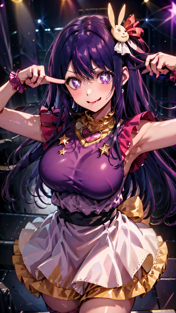 Star love, gloves, tongue sticking out, tongue, long hair, star (symbol), view audience, (purple hair: 1.2), purple eyes, Upper body, hair ornaments, frills, pink shirt, smile, No sleeve, shirt, Idol, symbol shaped pupil, raised his hand, bangs, one side up, star-shaped pupils, raised his arms, Dress Pull, tungsten々young 20s, isometric, From above, full body, rembrandt, figure, detailed, Depth of the bounds written, looking at the viewer, peace sign, raised his hand, tongue out, The highest quality,目の中のstar