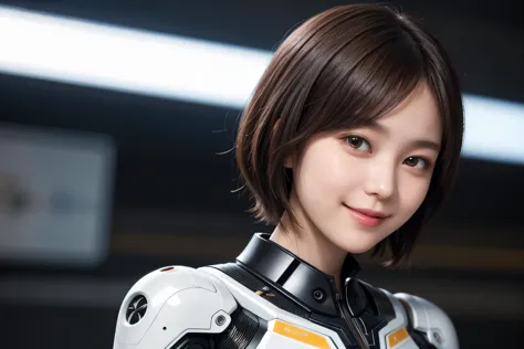 207 Short Hair, 20 year old female, Floral, gentle smile, futuristic clothes, mechanical suit