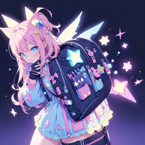 star fairy、cyber punk、simple background、kawaiitech、star-shaped backpack、