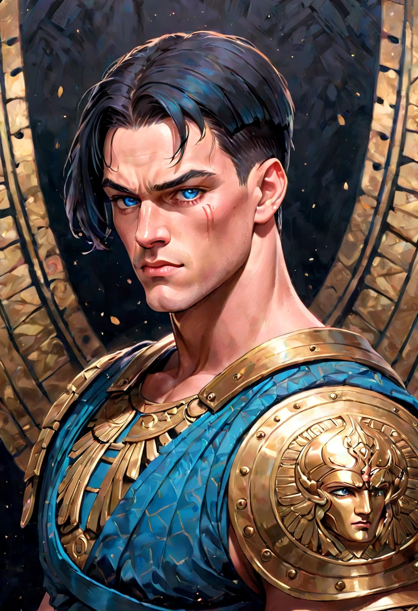 técnica de claroscuro sobre el impresionante arte de un hombre, 2 Italian male model, guapo romano, (John Cena) el es el dios de la guerra, el es ares, Marte, de aspecto malvado, mirada fuerte, ojos azul claro, mandíbula fuerte, vestido de gladiador, ancient gladiator, falda de gladiador masculino, pintura mate, por Harumi Hironaka, colores extremadamente suaves, vibrante, pastel, muy detallado, Obras de arte digitales, alto contraste, dramático dorado, refinado, tonal, un íntimo, entorno de estudio seductor con un enfoque en la sensualidad y el romance. Utilizar suave, iluminación cálida que baña el espacio con una suave, resplandor atractivo. Incorpora tejidos lujosos, muebles de felpa, y un toque de decadencia para evocar un ambiente opulento. La escena debe irradiar un aire de serenidad y anticipación., invitando al espectador a un espacio sensual y romántico