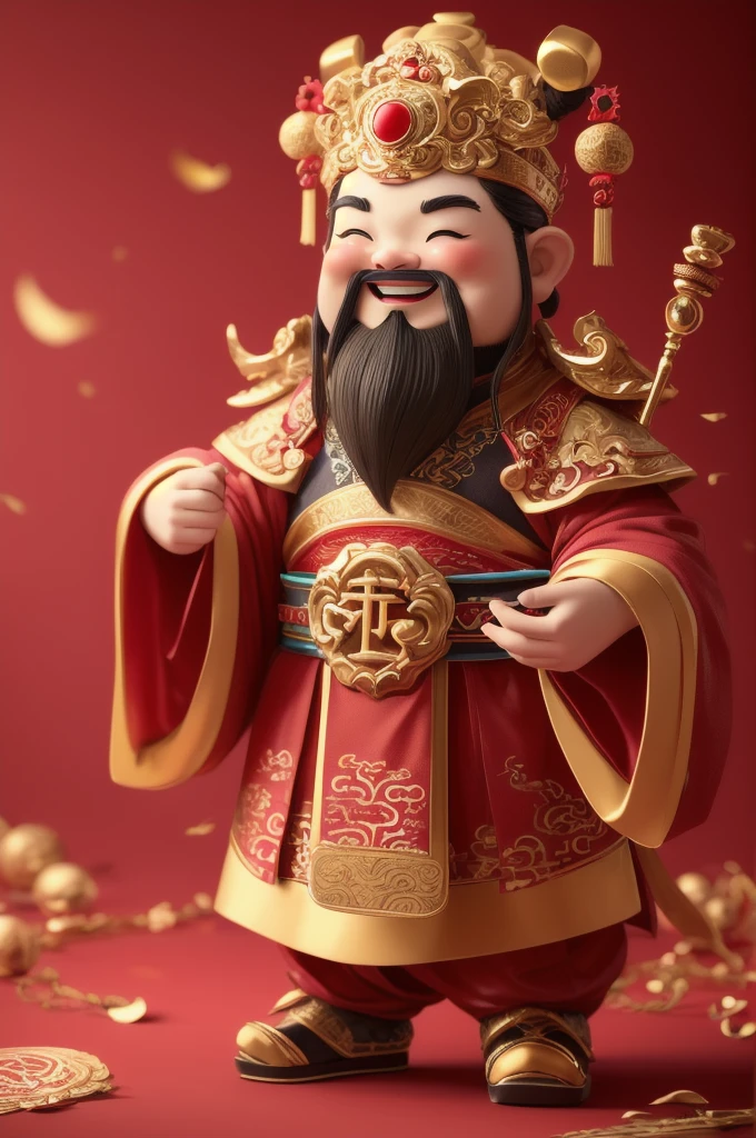 1 male,Smile，Chinese clothes,black eyes,beard,alone,whole body,Red_background,chibi,masterpiece,best quality,Super detailed,hanfu,