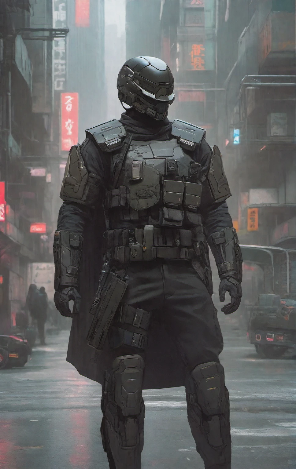  high-res, masterpiece, best quality,  Helmet with a tactical armour, Visor, Shoulder pads, Utility belt, Cyberpunk, futuristic, sharpness, cyberpunk city, insta pic, photo of the year, Tactical vest with ammo pouches, A black cape behind him flowing in the wind, Thigh gun holster,