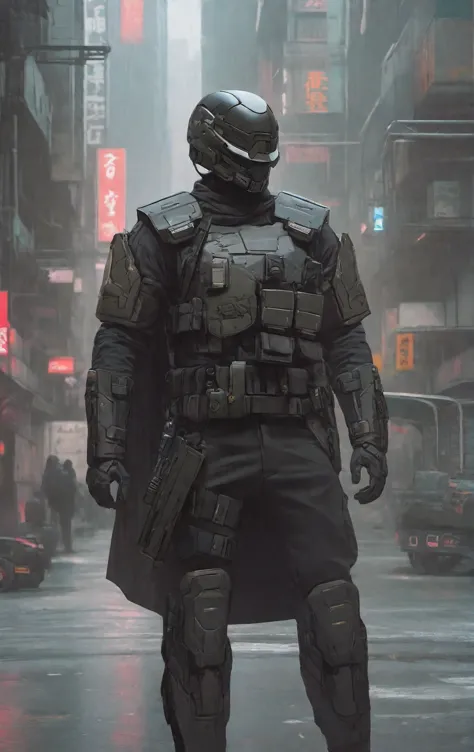 high-res, masterpiece, best quality,  helmet with a tactical armour, visor, shoulder pads, utility belt, cyberpunk, futuristic, ...