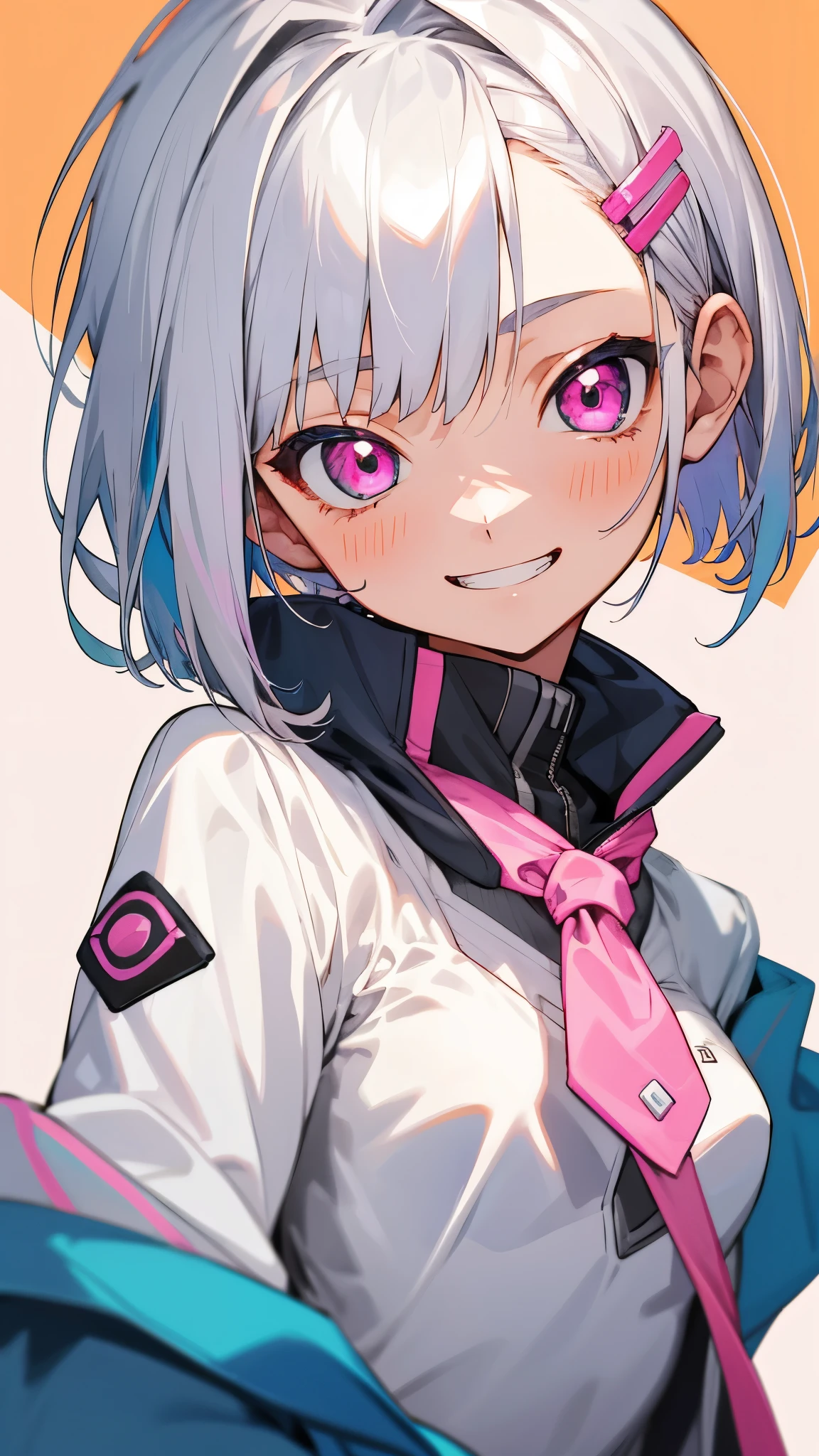 １girl、16歳のgirl、riders jacket、small breasts、Silver hair and short bob hairstyle、Tie your hair up with a hair clip、Beautiful pink eyes、grin、blue and orange tones、upper body close-up