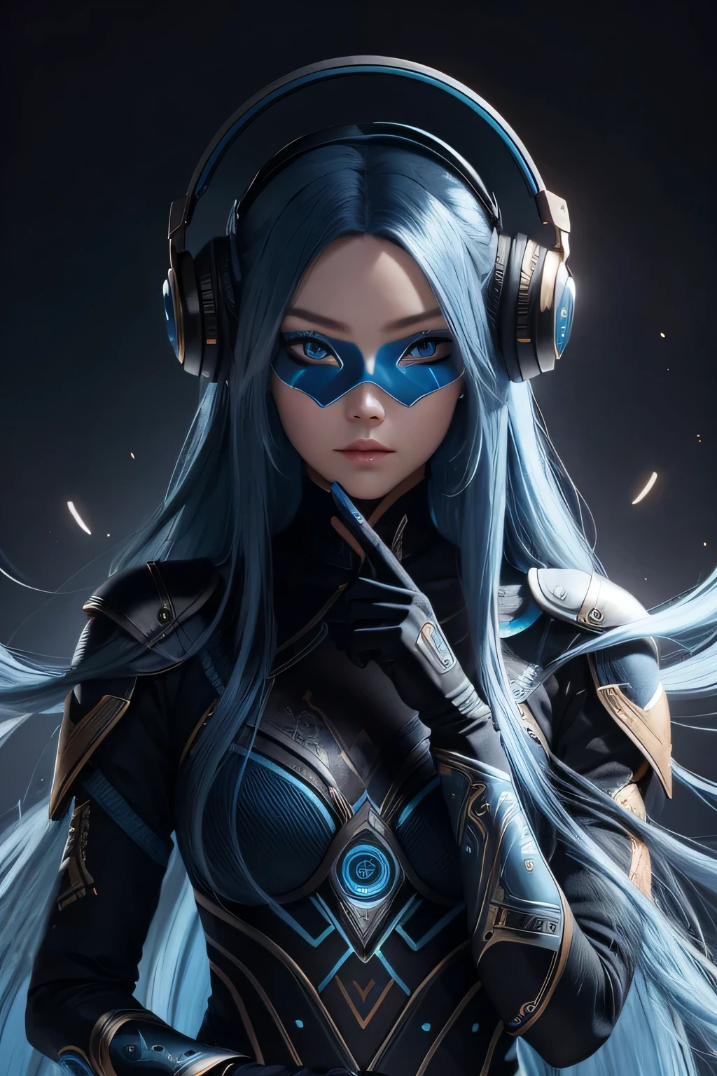 girl with long blue hair, blue eyes, futuristic vibes, mask on mouth, headphones, 8k, high quality, simple background, glowing eyes, nice pose