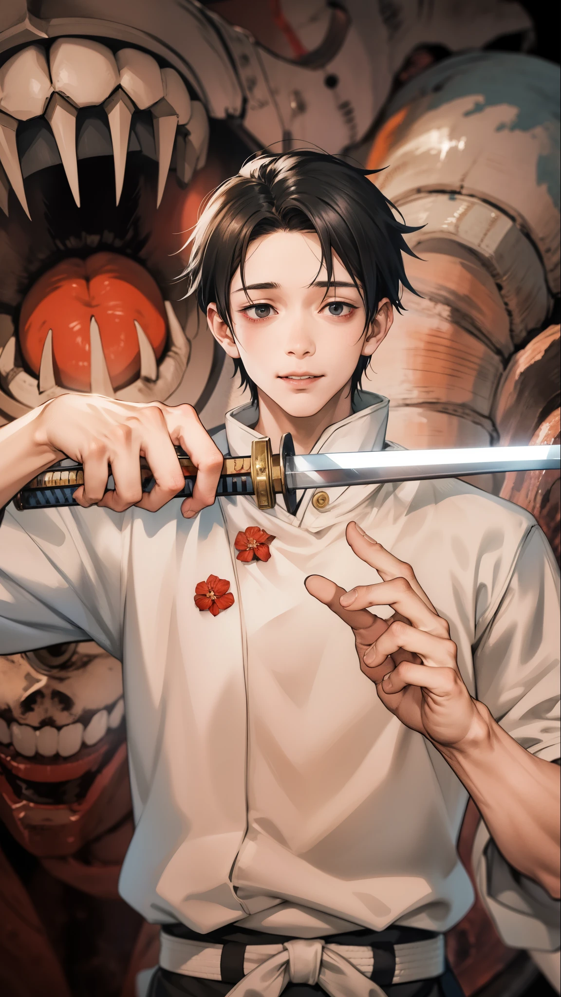 ultra detail, realistic, (1boy, solo), yuta okkotsu in anime Jujutsu kaisen style, black short hair, beautiful black eyes, handsome, smile, white clothes, holding Katana, monster background