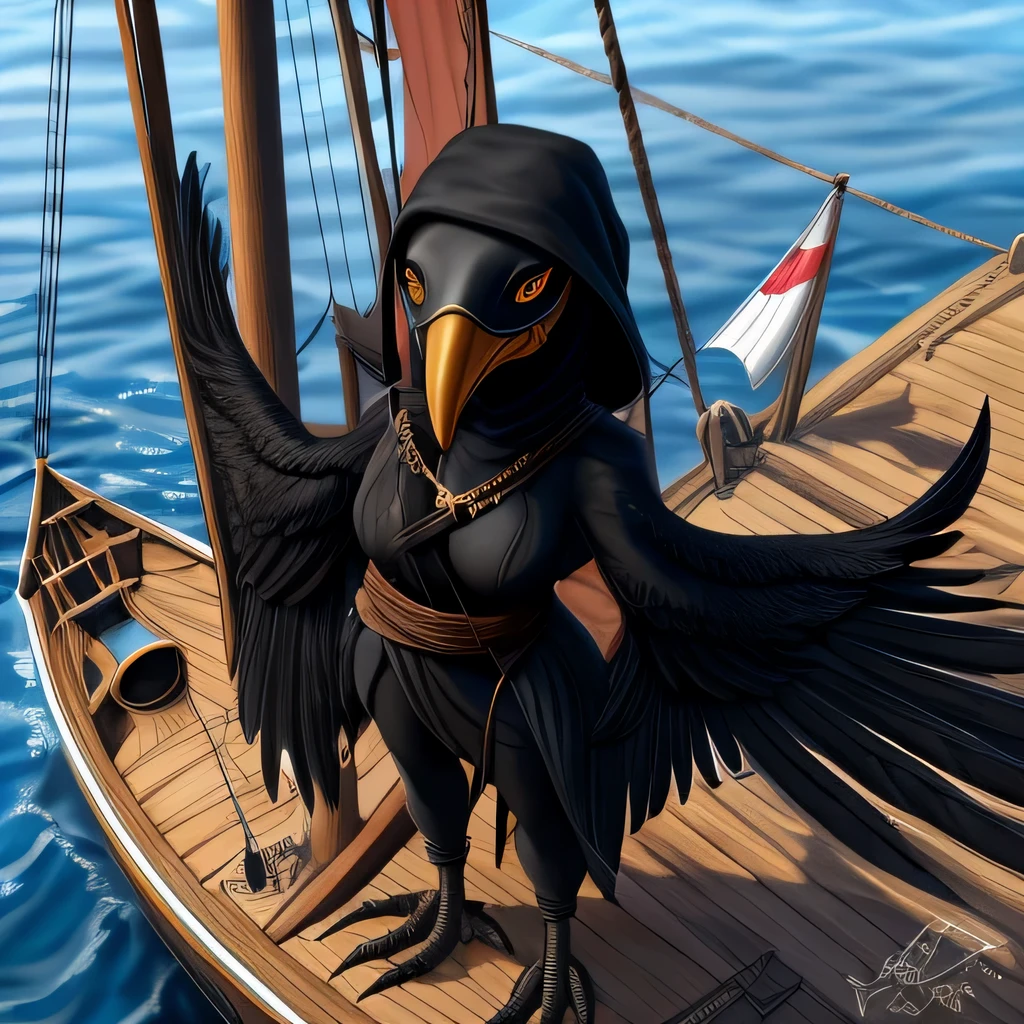 (harpy), large black wings, plague doctor mask, dark hair, black feathers, very dark skin, ebony, long beak, winged arms, amber eyes, (from above), very high up, looking down at fantasy sailing ship, top of the mast, drone shot, scenery, detailed background, masterpiece, best quality, sailing-vessle
