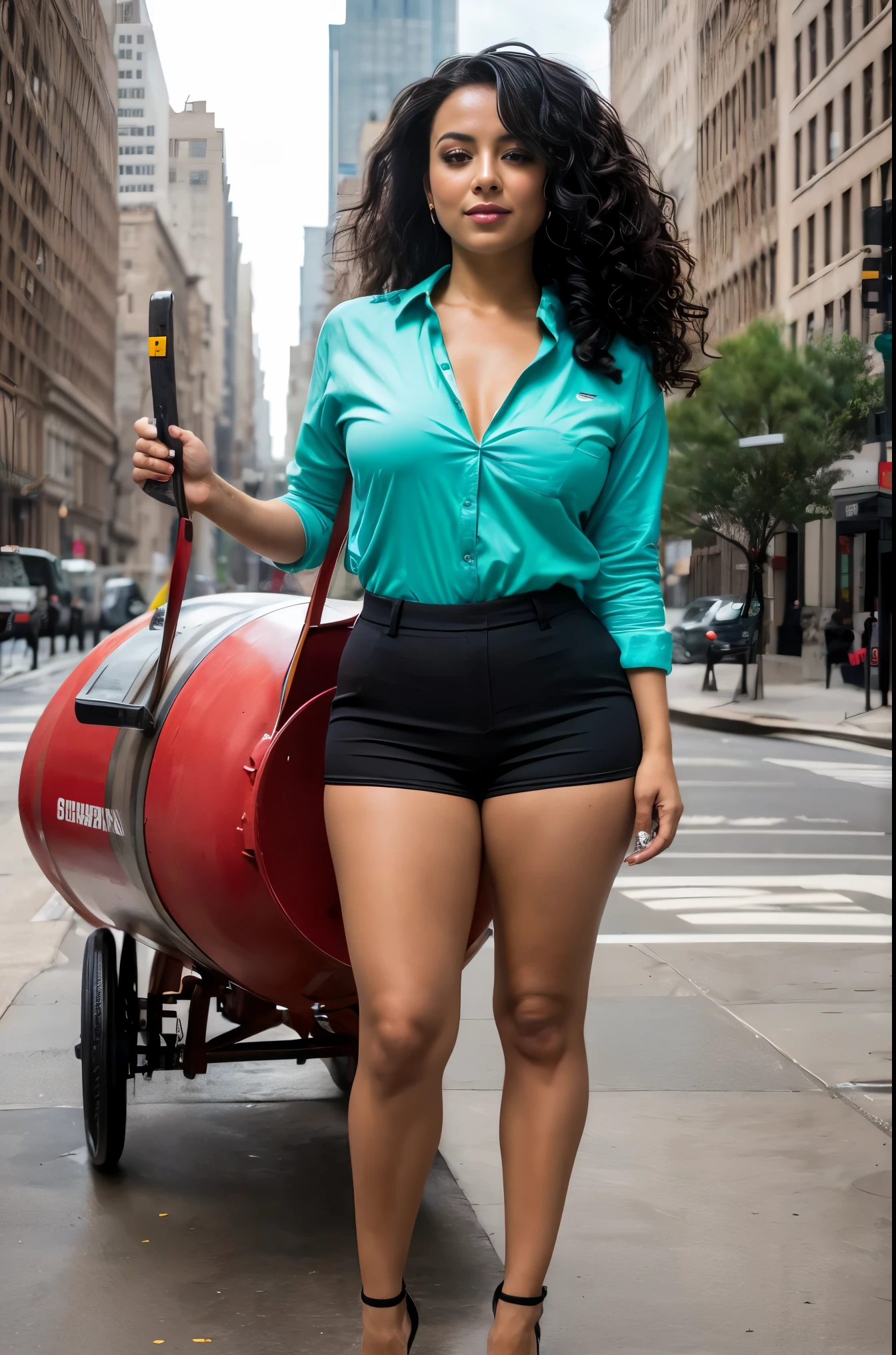 Arafed woman in a blue shirt and black shorts with a red barrel - SeaArt AI