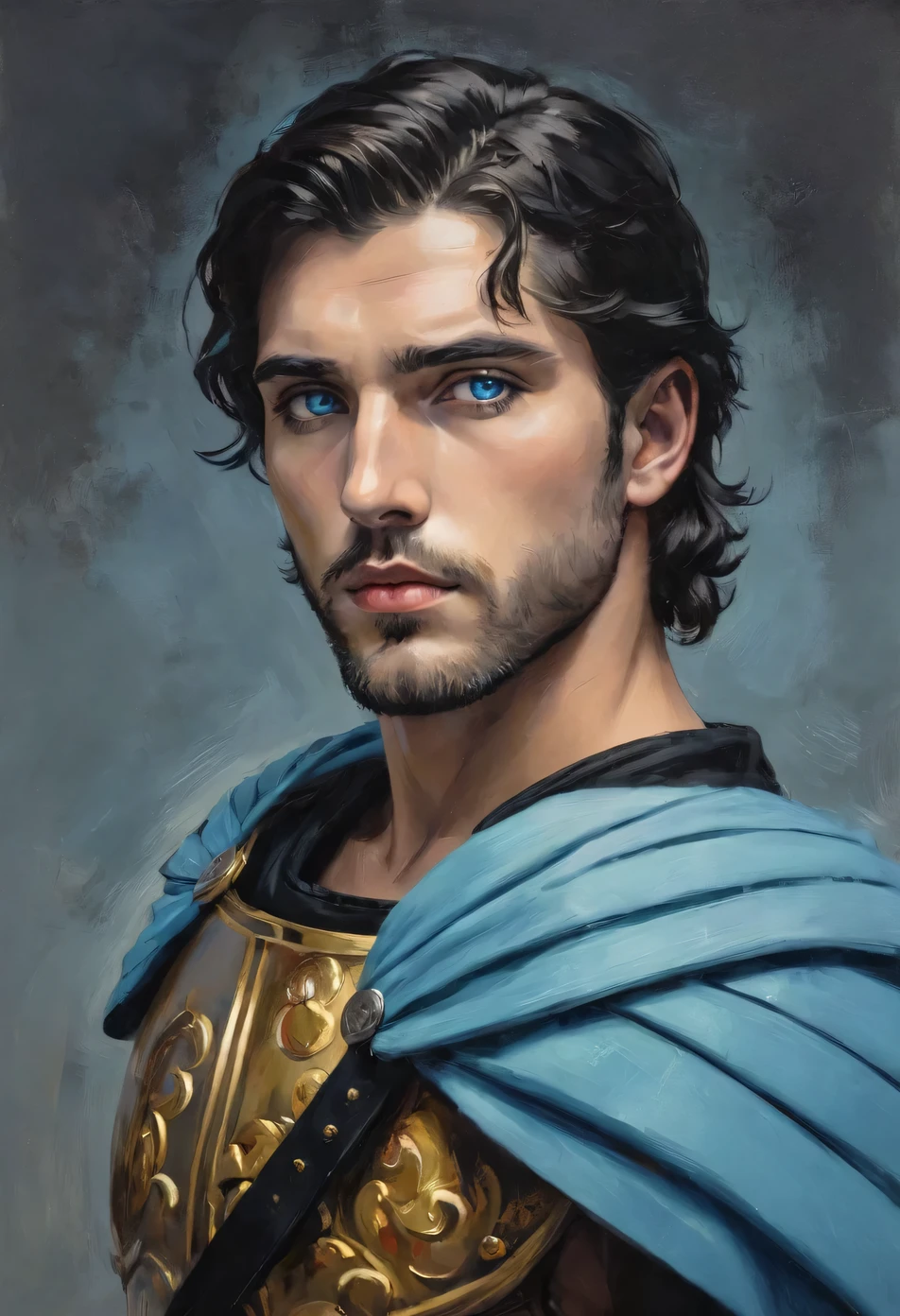 chiaroscuro technique on impressionist illustration of an masculine, 26-year-old Italian male model, handsome Roman, he is the god of war, he is Ares, Mars, evil-looking, strong look, light blue eyes, strong jawline, dressed as a gladiator, ancient gladiator, male gladiator skirt, matte painting, by Harumi Hironaka, extremely soft colors, vibrant, pastel, highly detailed, digital artwork, high contrast, golden dramatic, refined, tonal, an intimate, seductive studio setting with a focus on sensuality and romance. Utilize soft, warm lighting that bathes the space in a gentle, inviting glow. Incorporate luxurious fabrics, plush furnishings, and a touch of decadence to evoke an opulent ambiance. titan body 