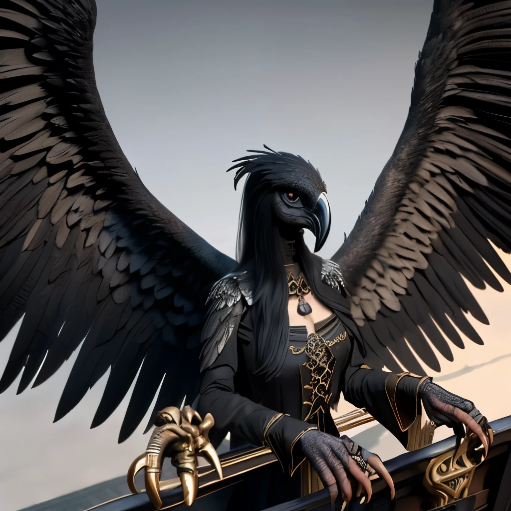 (harpy), large black wings, plague doctor mask, dark hair, black feathers, very dark skin, ebony, long beak, winged arms, amber eyes, (from above), very high up, looking down at fantasy sailing ship, top of the mast, drone shot, scenery, detailed background, masterpiece, best quality, sailing-vessle