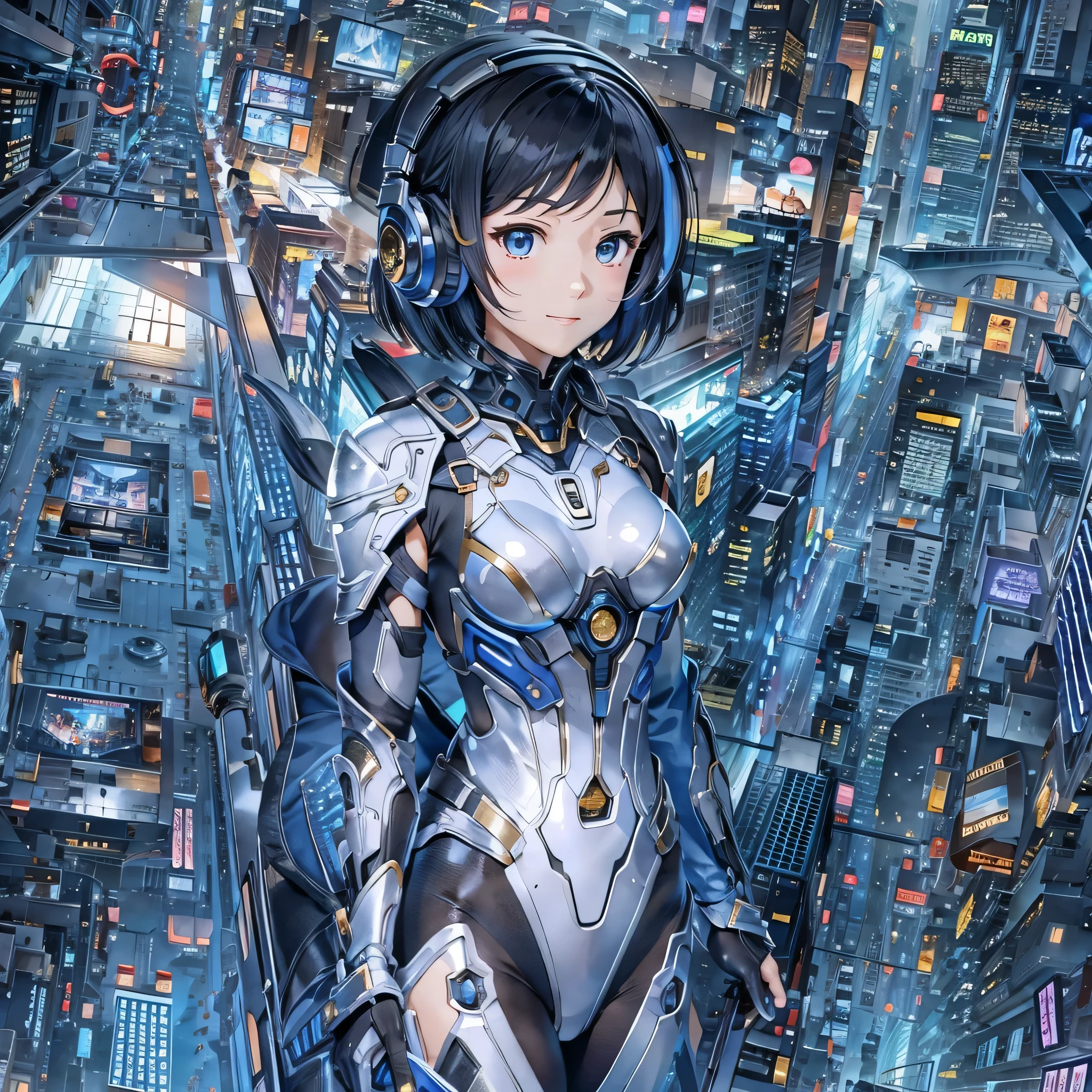 (masterpiece、highest quality、highest resolution、clear_image、detailed details、Angle from above): (full body figure、One 20 year old girl、Japanese faces、small face、Slender、Navy blue super short bob cut hair、(hidden small breasts:1.3)、sparkling blue eyes、Shiny pilot suit in blue and black colors、armor that protects the chest、tight fitting clothes、clothes that cover the whole body、shiny clothes、tight fit pants、hide the skin、very delicate and beautiful、detailed skin、hide thighs、Hide your ass、cute type、gentle smile、soft expression、heroine、headset、Knee-high boots、gloves up to the elbow、eye level shot、facing directly、woman on a spaceship)