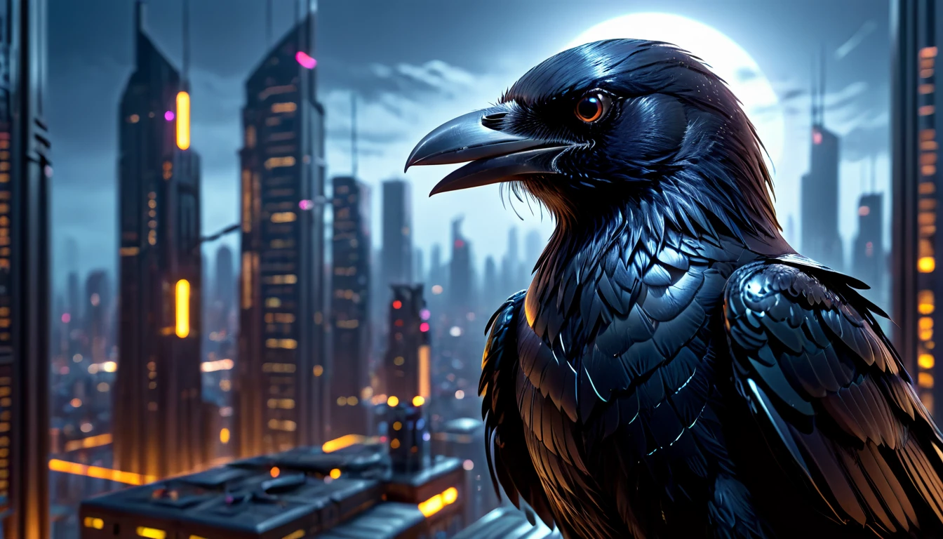 (best quality,highres:1.2),ultra-detailed,realistic,crow,raven,ominous,feathers:1.1,sharp beak,sleek body,intelligent eyes,metallic sheen,hovering,cyberpunk,sci-fi,dark,nighttime,glowing neon lights,glass skyscrapers,technological city,advanced technology,shadowy figures,atmospheric,urban landscape,starry sky,moonlight