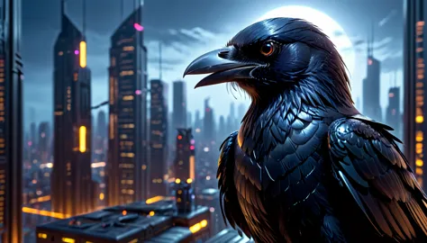 (best quality,highres:1.2),ultra-detailed,realistic,crow,raven,ominous,feathers:1.1,sharp beak,sleek body,intelligent eyes,metal...