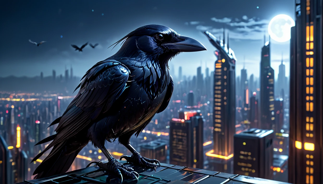 (best quality,highres:1.2),ultra-detailed,realistic,crow,raven,ominous,feathers:1.1,sharp beak,sleek body,intelligent eyes,metallic sheen,hovering,cyberpunk,sci-fi,dark,nighttime,glowing neon lights,glass skyscrapers,technological city,advanced technology,shadowy figures,atmospheric,urban landscape,starry sky,moonlight