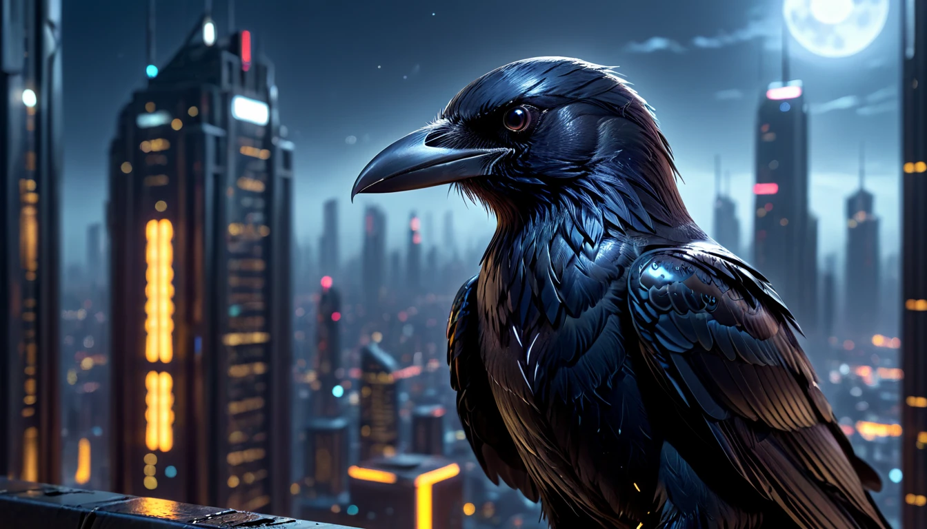 (best quality,highres:1.2),ultra-detailed,realistic,crow,raven,ominous,feathers:1.1,sharp beak,sleek body,intelligent eyes,metallic sheen,hovering,cyberpunk,sci-fi,dark,nighttime,glowing neon lights,glass skyscrapers,technological city,advanced technology,shadowy figures,atmospheric,urban landscape,starry sky,moonlight