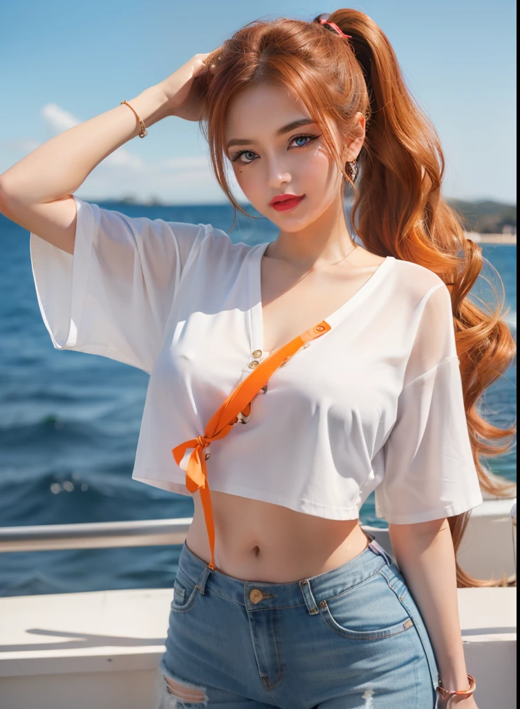 Female((30year old)), hair((wavy, long, ponytail, orange)), eyes((big eyes, blue eyes)), clothes((white shirts, crop-top shirts, cowboy pants)), accessories ((hair clip)), gigantic breast, big , harbor, pirates ship, sunset, rainyday, smiling, make-up, red lips,