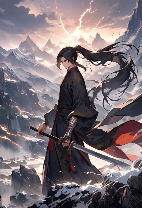 jiang hu, mountain tops, cliffs, peaks, blizzards, pitched battle, lightning, weapon, sword,1boy, black hair, male focus, long h...