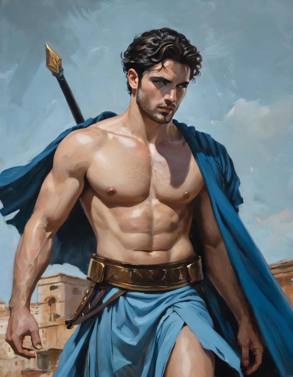 chiaroscuro technique on impressionist illustration of an masculine, 26-year-old Italian male model, handsome Roman, he is the god of war, he is Ares, Mars, evil-color, strong look, light blue eyes, strong jawline, dressed as a gladiator, ancient gladiator, male gladiator skirt, matte painting, by Harumi Hironaka, extremely soft colors, vibrant, pastel, highly detailed, digital artwork, high contrast, golden dramatic, refined, tonal, an intimate, titanic color