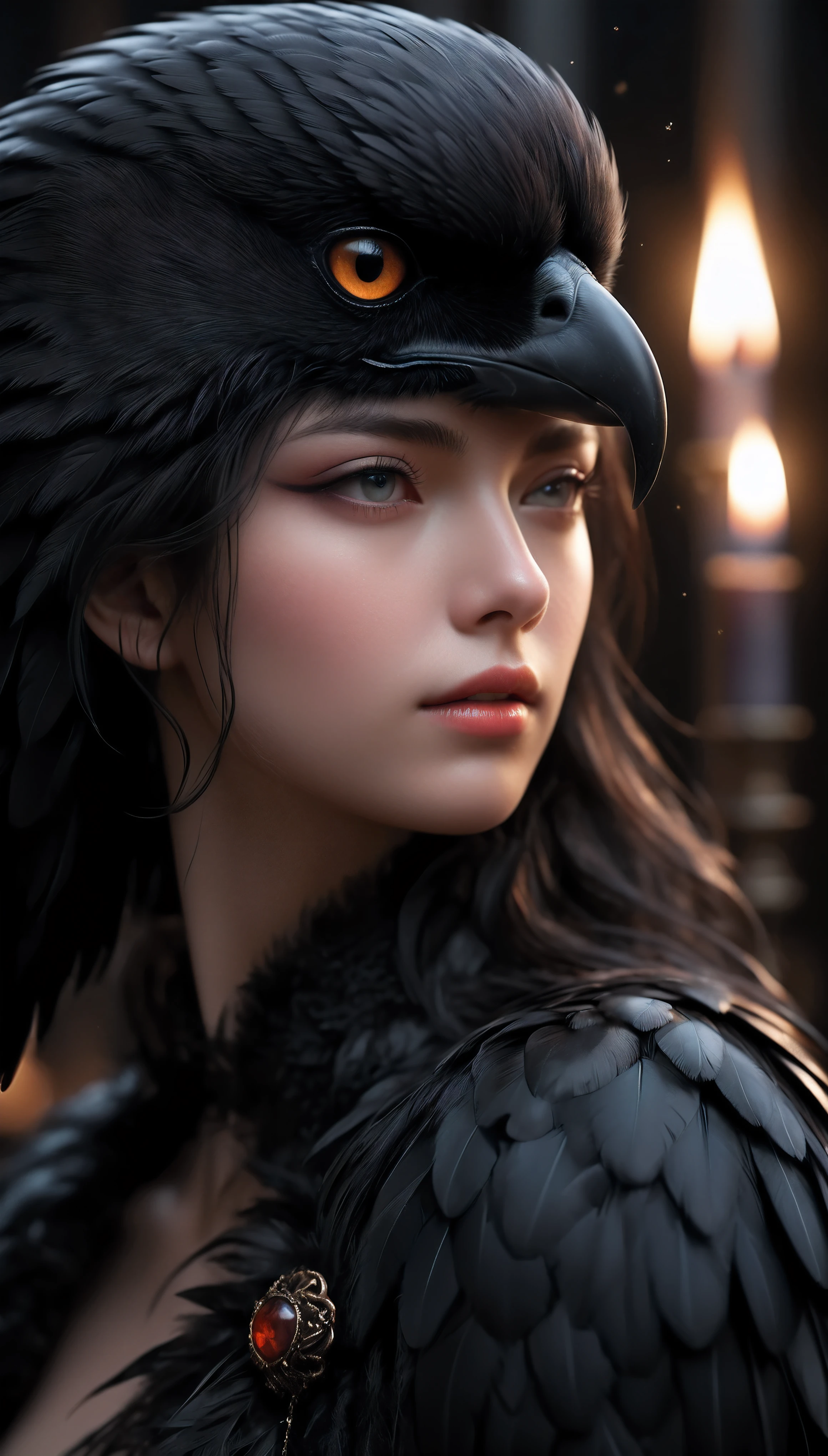 ((Masterpiece in maximum 16K resolution):1.6),((soft_color_photograpy:)1.5), ((Ultra-Detailed):1.4),((Movie-like still images and dynamic angles):1.3). | (Macro shot cinematic photo of beautiful Oracle's Crow), (Beautiful Oracle), (focus on the Oracle), (macro lens), (exotic antiques), (Dark Candles), (luminous object), (Mysterious atmosphere), (shimmer), (aesthetic Oracle accesories), (visual experience),(Realism), (Realistic),award-winning graphics, dark shot, film grain, extremely detailed, Digital Art, rtx, Unreal Engine, scene concept anti glare effect, All captured with sharp focus. | Rendered in ultra-high definition with UHD and retina quality, this masterpiece ensures anatomical correctness and textured skin with super detail. With a focus on high quality and accuracy, this award-winning portrayal captures every nuance in stunning 16k resolution, immersing viewers in its lifelike depiction. | ((perfect_composition, perfect_design, perfect_layout, perfect_detail, ultra_detailed)), ((enhance_all, fix_everything)), More Detail, Enhance.