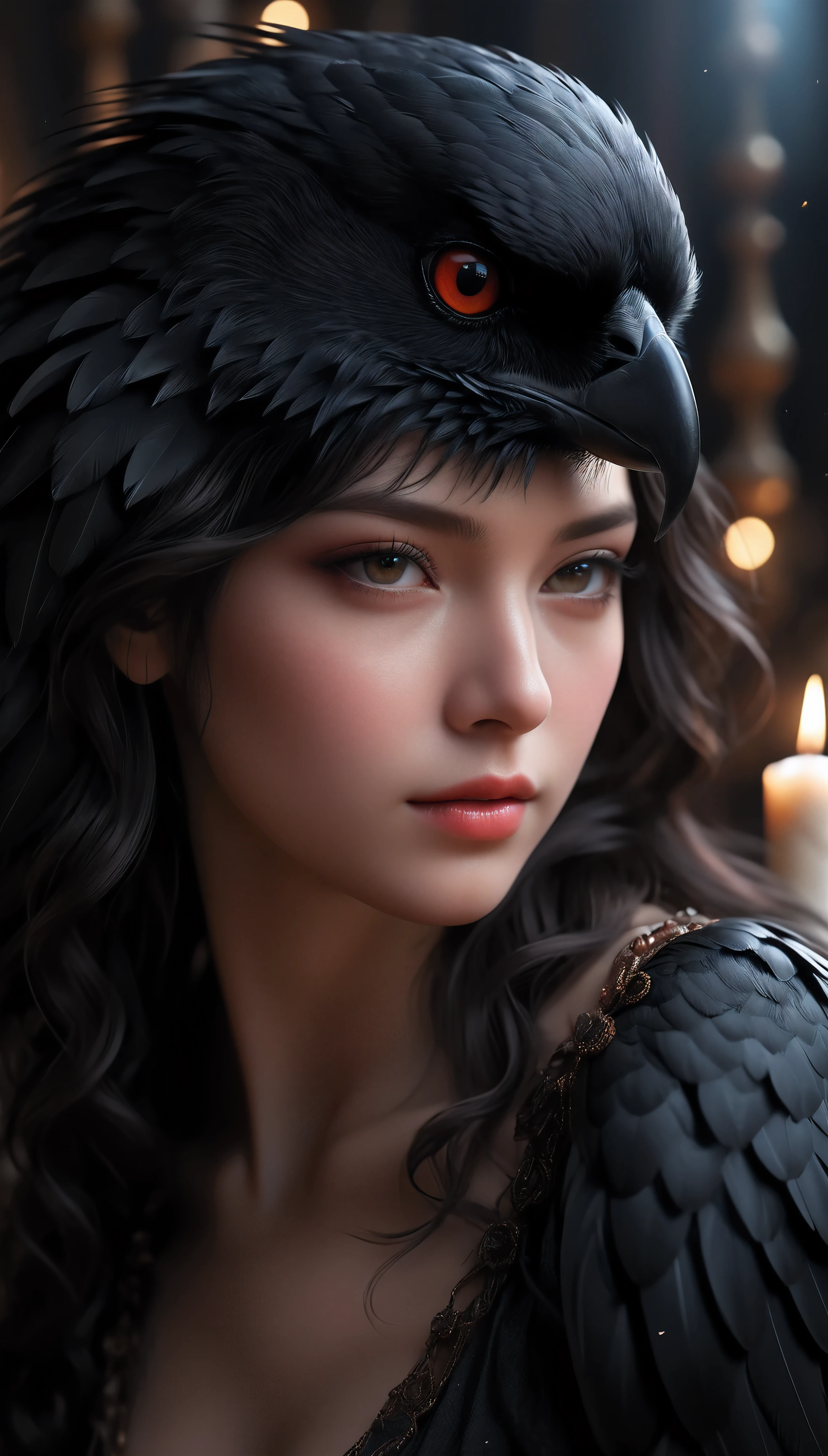 ((Masterpiece in maximum 16K resolution):1.6),((soft_color_photograpy:)1.5), ((Ultra-Detailed):1.4),((Movie-like still images and dynamic angles):1.3). | (Macro shot cinematic photo of beautiful Oracle's Crow), (Beautiful Oracle), (focus on the Oracle), (macro lens), (exotic antiques), (Dark Candles), (luminous object), (Mysterious atmosphere), (shimmer), (aesthetic Oracle accesories), (visual experience),(Realism), (Realistic),award-winning graphics, dark shot, film grain, extremely detailed, Digital Art, rtx, Unreal Engine, scene concept anti glare effect, All captured with sharp focus. | Rendered in ultra-high definition with UHD and retina quality, this masterpiece ensures anatomical correctness and textured skin with super detail. With a focus on high quality and accuracy, this award-winning portrayal captures every nuance in stunning 16k resolution, immersing viewers in its lifelike depiction. | ((perfect_composition, perfect_design, perfect_layout, perfect_detail, ultra_detailed)), ((enhance_all, fix_everything)), More Detail, Enhance.