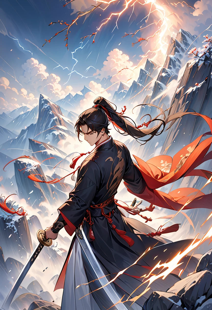 jiang hu, Mountain tops, cliffs, peaks, blizzards, Pitched battle, Lightning, weapon, sword,1boy, black hair, male focus, long hair, holding, ponytail, holding weapon, holding sword, solo, standing, arm guards, smoke, closed mouth, long sleeves, black robe, floating hair, high ponytail, chinese clothes, ,
