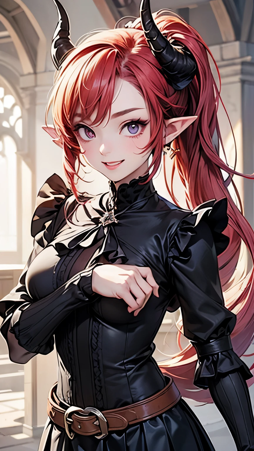 (Masterpiece, best quality), detailed, (medieval royal magic academy clothes, blouse, skirt), athletic, busty, demon, demon girl, detailed beautiful purple eyes, smile, happy expression, detailed face, pointy ears, red hair and white skin, braided ponytail, demon horns, full of details.