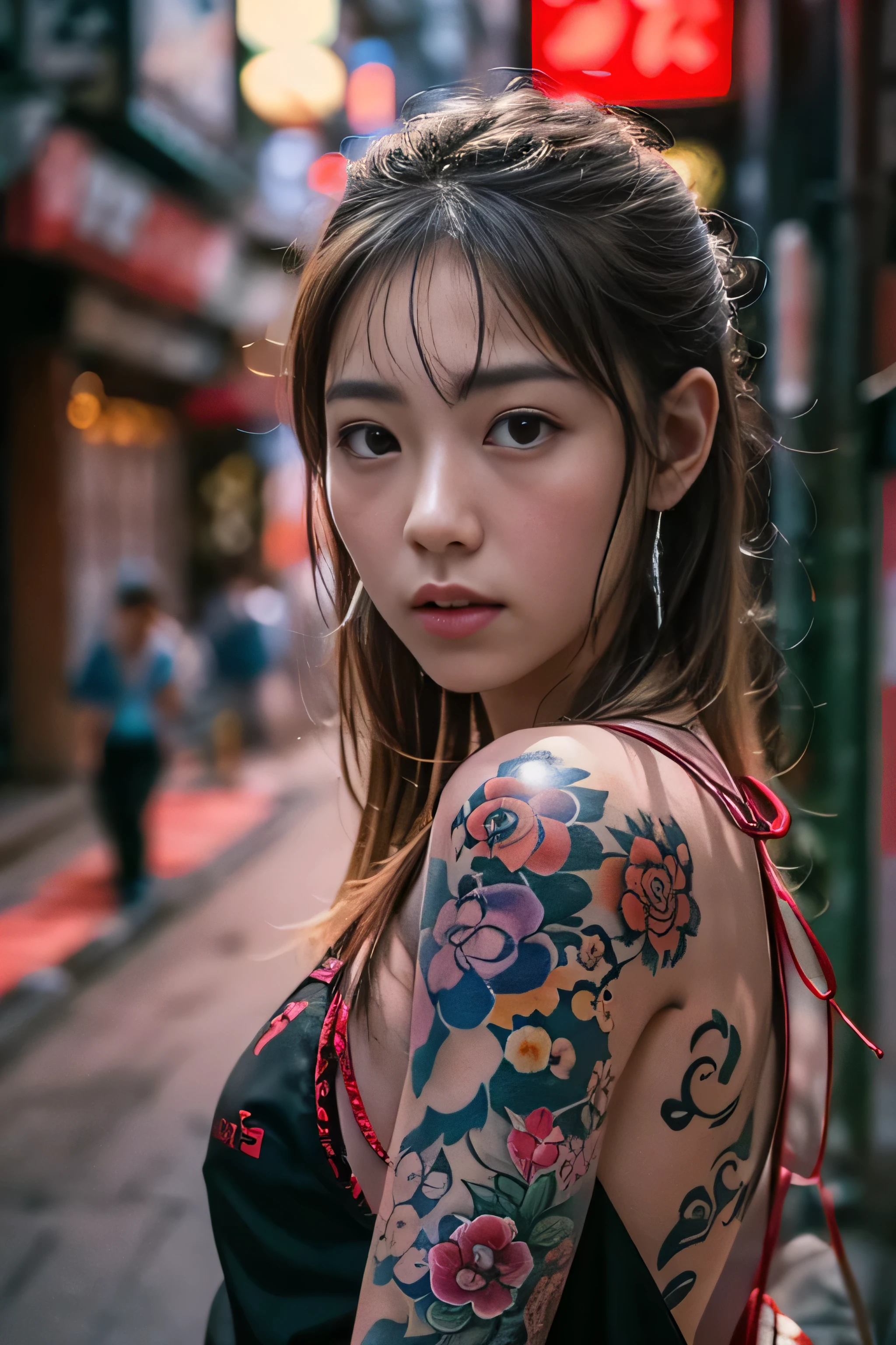 RAW image quality, Japanese, 14 years old, embarrassed expression, be frightened, Girl and Horihada, Yakuza, japanese mafia, Background of Tokyo Red Light District, realistic, Photoreal, masterpiece, highest quality, Movie photo of a Japan cartel gang with tattoos, spectacular lighting, japanese Yakuza tattoo, Japanese art, Japanese culture, sexy, exotic, erotic, micro bikini,