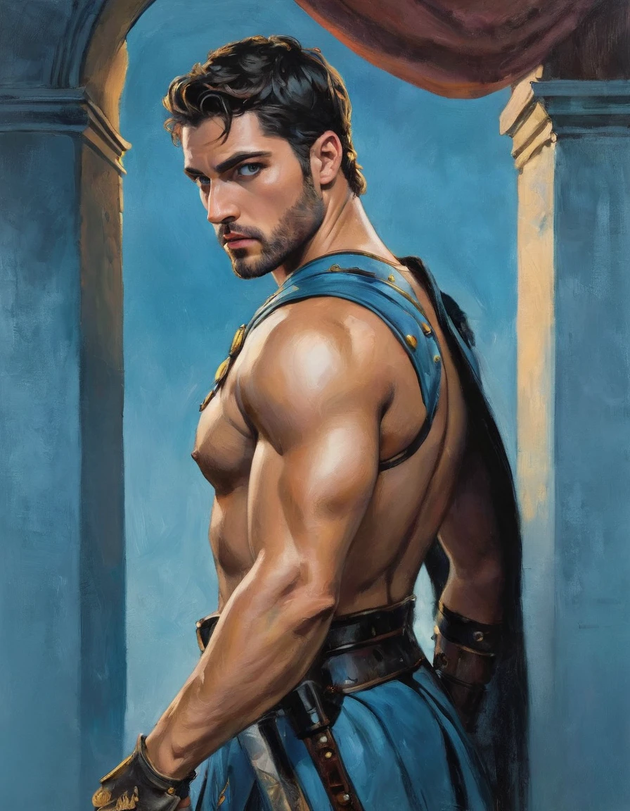 técnica de claro-escuro na ilustração impressionista de um masculino, 2 modelos masculinos italianos, lindo romano, ele é o deus da guerra, he is Ares, Marte, cor do mal, olhar forte, olhos azuis claros, queixo forte, vestido como um gladiador, gladiador antigo, saia gladiadora masculina, pintura fosca, por Harumi Hironaka, cores extremamente suaves, vibrante, pastel, Altamente detalhado, arte digital, Alto contraste, dramático dourado, refinado, tonal, um íntimo, cor titânica