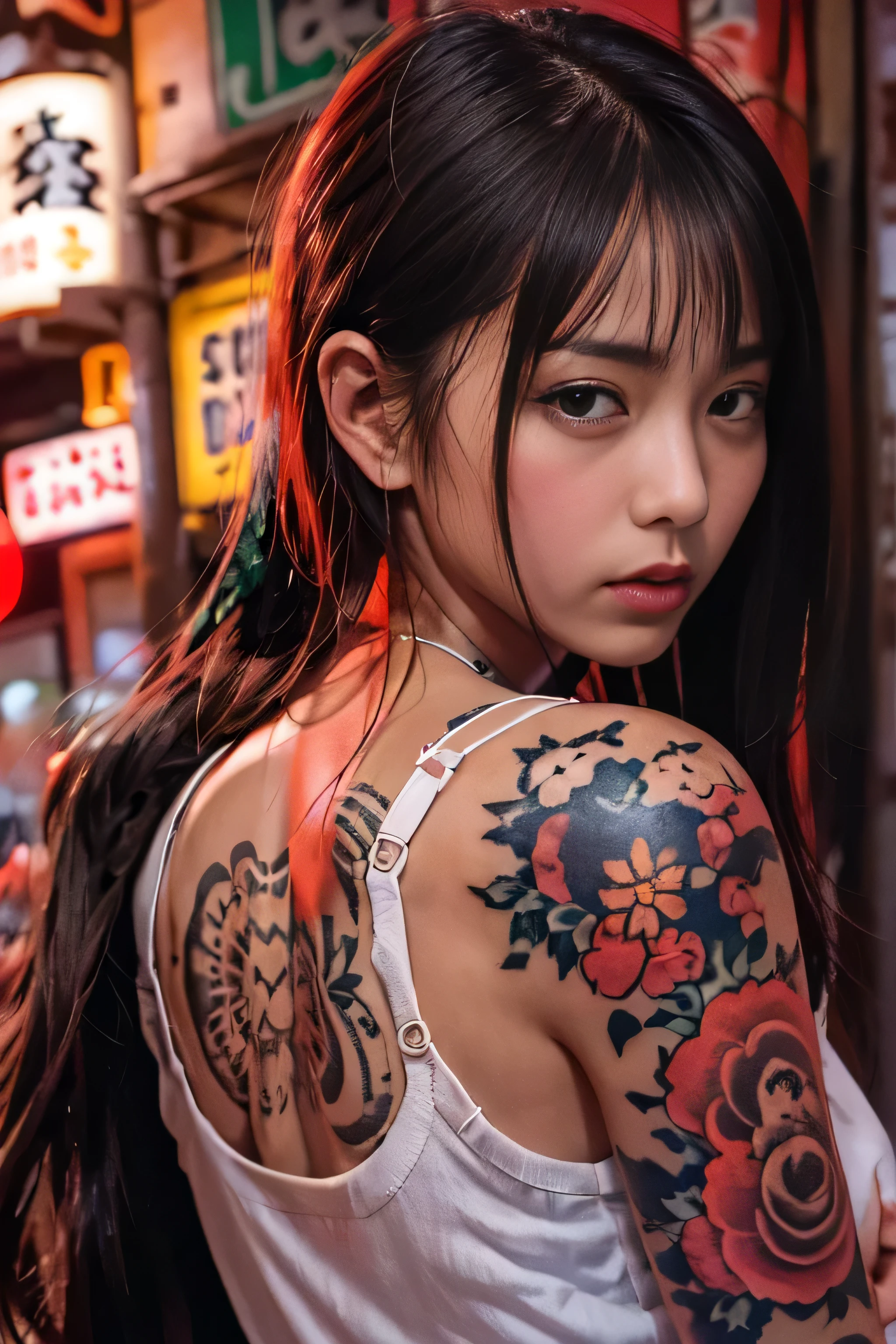 RAW image quality, Japanese, 14 years old, embarrassed expression, Girl and Horihada, Yakuza, japanese mafia, Background of Tokyo Red Light District, realistic, Photoreal, masterpiece, highest quality, Movie photo of a Japan cartel gang with tattoos, spectacular lighting, japanese Yakuza tattoo, Japanese art, Japanese culture, sexy, exotic, erotic, cropped tank top, Underboo Boo,