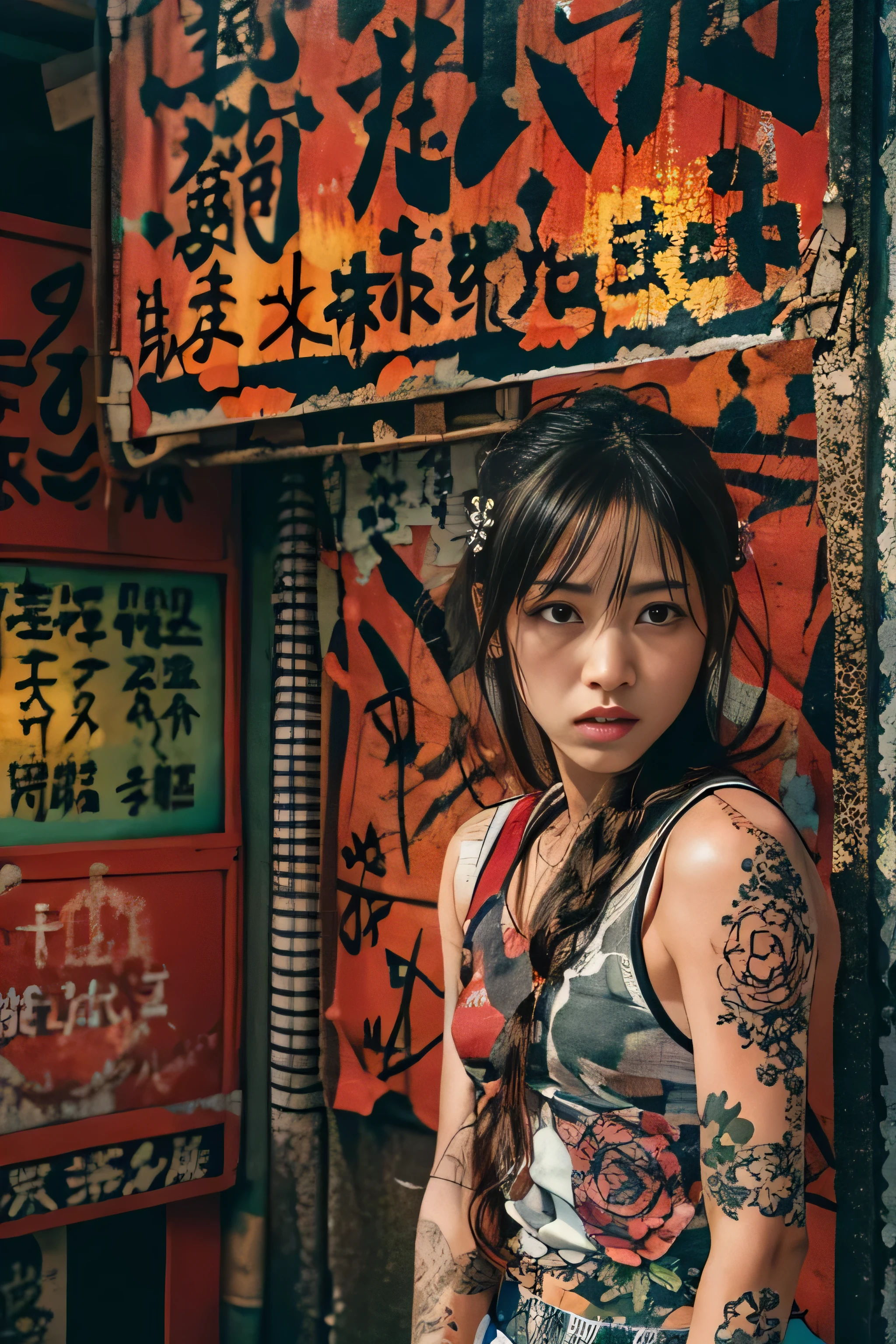 RAW image quality, Japanese, 14 years old, embarrassed expression, Girl and Horihada, Yakuza, japanese mafia, Background of Tokyo Red Light District, realistic, Photoreal, masterpiece, highest quality, Movie photo of a Japan cartel gang with tattoos, spectacular lighting, japanese Yakuza tattoo, Japanese art, Japanese culture, sexy, exotic, erotic, cropped tank top, Underboo Boo,