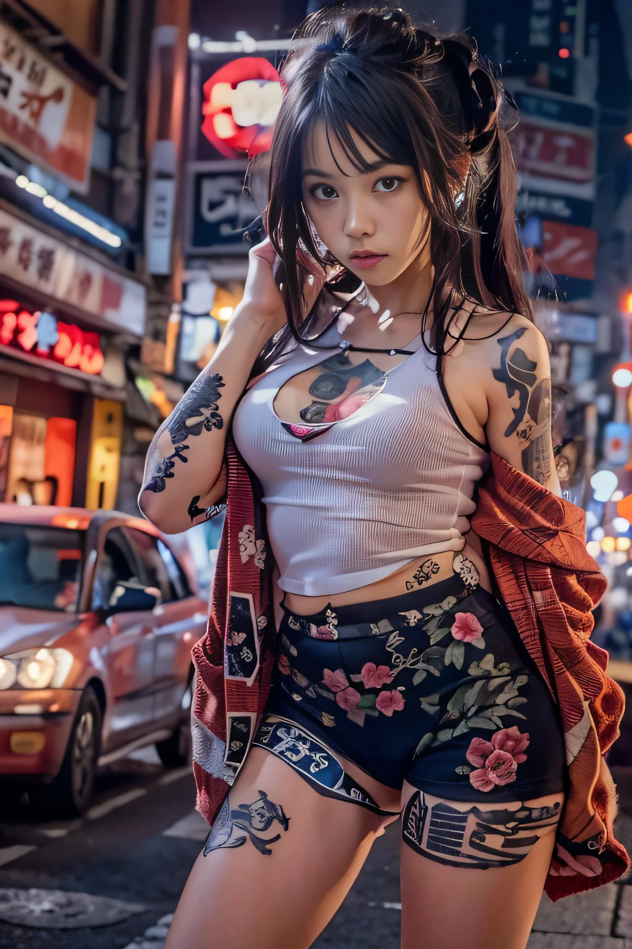 RAW image quality, Japanese, 14 years old, embarrassed expression, Girl and Horihada, Yakuza, japanese mafia, Background of Tokyo Red Light District, realistic, Photoreal, masterpiece, highest quality, Movie photo of a Japan cartel gang with tattoos, spectacular lighting, japanese Yakuza tattoo, Japanese art, Japanese culture, sexy, exotic, erotic, cropped tank top, Underboo Boo,