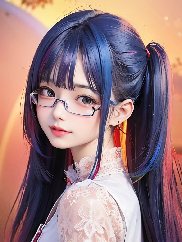 small face、 )Super detailed,bright colors, very beautiful detailed anime face and eyes, look straight,  shiny_skin,girl, (((rainbow colored hair, colorful hair, Half blue、half red hair: 1.2))), 、shiny hair, delicate beautiful face, blush、Glasses、(turquoise eyes), , Valletta, earrings,、（(flower garden、sunset、luxury hotel)）、((Light red、translucent、short sleeve、Floral、lace blouse))、（twin tails）、（smile、happy face、face dyed red）、cheerful pose、dynamic、Upper body、