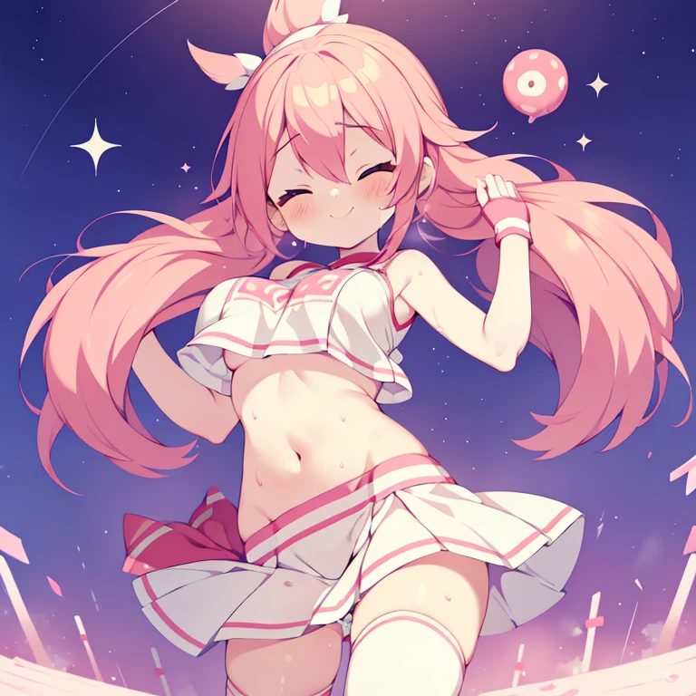 1 girl, alone, pink hair、hair length、cheerleader costume、Cheerleader、belly button、adult、One hand is raised high、stand on one leg、panty shot、white pants、(NSFW:0.8), very big breasts、bright smile、one eye is closed、sweating、embarrassing、beautiful hair、perfect body、highest quality,