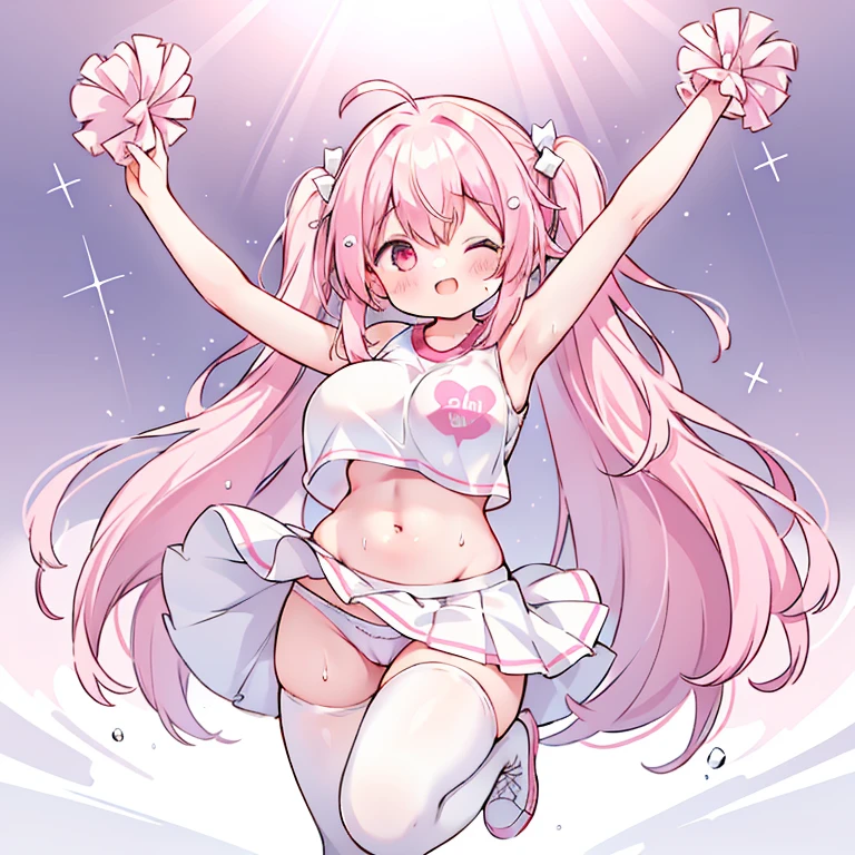 1 girl, alone, pink hair、hair length、cheerleader costume、Cheerleader、belly button、wear lift、nipple、adult、One hand is raised high、stand on one leg、panty shot、white pants、(NSFW:0.8), very big breasts、bright smile、one eye is closed、sweating、embarrassing、beautiful hair、perfect body、highest quality,