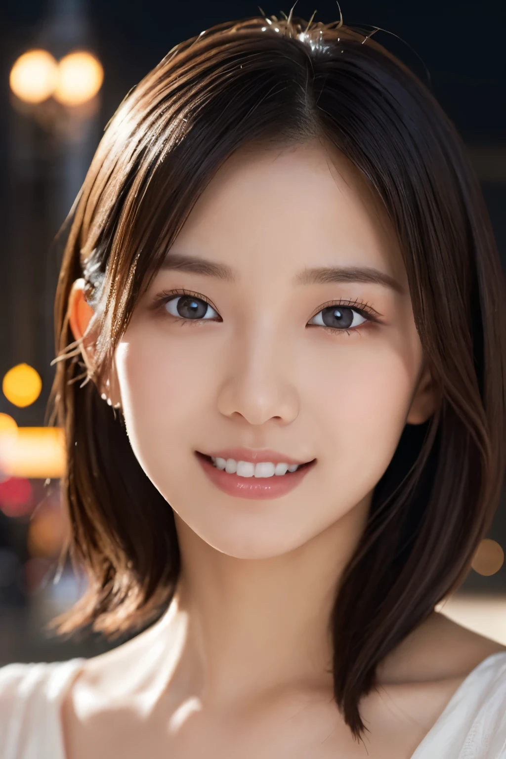 1 girl, ((close up of face:1.5))、(Wearing elegant white underwear:1.2), ((flat and small breasts:1.4))、(Raw photo, highest quality), (realistic, Photoreal:1.4), table top, very delicate and beautiful, very detailed, 2k wallpaper, wonderful, finely, Very detailed CG Unity 8k 壁紙, Super detailed, High resolution, soft light, beautiful detailed girl, very detailed目と顔, beautifully detailed nose, detailed and beautiful eyes, cinematic lighting, night city lights, perfect anatomy, slender body, smile