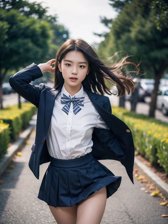 
(masterpiece, highest quality:1.4), award-winning portraits, 8K, 85mm, alone, beautiful face, delicate girl, , (Dark Navy Blazer Jacket), dark navy skirt, long sleeve, violaces, gardenia, grace, Sophisticated, cute, teen, looking at the viewer, , Raw photo, disorganized, HDR, sharp focus, A bow tie, background bokeh、(((flat 、thin and delicate body、A childish atmosphere)))、Her shiny semi-long hair is tied up、hair swaying in the wind、Mole on the left cheek、large, round, dark blue eyes、full body、random pose、Run、sprinting、Skirt fluttering in the wind、Junior idol、Nogizaka Idol、widening skirt、jump、mole under eye、sexy