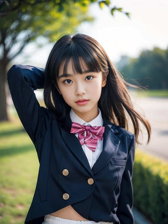 
(masterpiece, highest quality:1.4), award-winning portraits, 8K, 85mm, alone, beautiful face, delicate girl, , (Dark Navy Blazer Jacket), dark navy skirt, long sleeve, violaces, gardenia, grace, Sophisticated, cute, teen, looking at the viewer, , Raw photo, disorganized, HDR, sharp focus, A bow tie, background bokeh、(((flat 、thin and delicate body、A childish atmosphere)))、Her shiny semi-long hair is tied up、hair swaying in the wind、Mole on the left cheek、large, round, dark blue eyes、full body、random pose、Run、sprinting、Skirt fluttering in the wind、Junior idol、Nogizaka Idol、widening skirt、jump、mole under eye、sexy