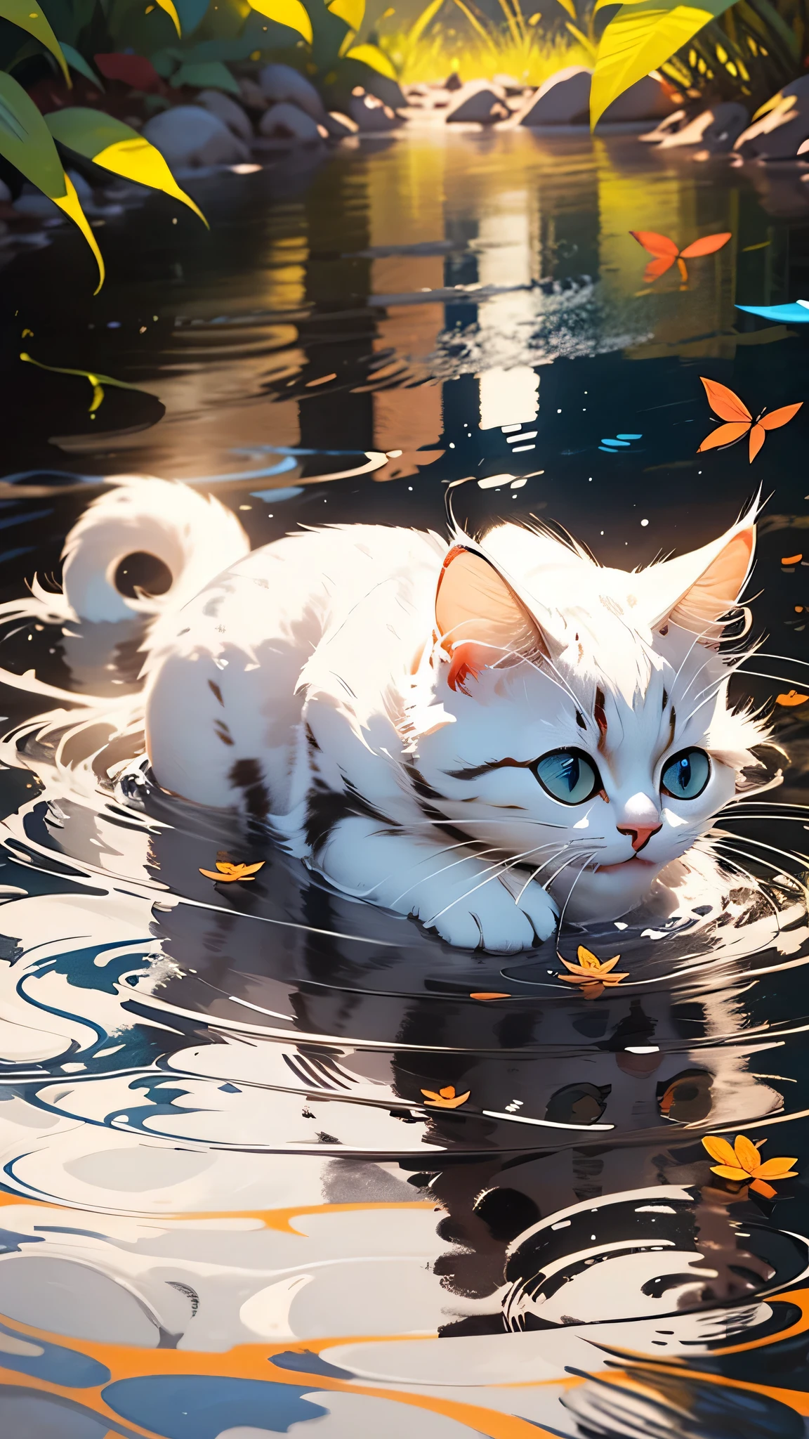 süßes weißes Kätzchen，zottelig，realistisch，beste Bildqualität，Wasserreflexion，blaue Augen，kleiner roter Fisch，Lidstrich