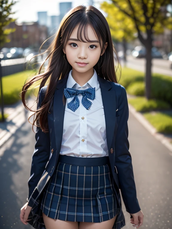 
(masterpiece, highest quality:1.4), award-winning portraits, 8K, 85mm, alone, beautiful face, delicate girl, , (Dark Navy Blazer Jacket), dark navy skirt, long sleeve, violaces, gardenia, grace, Sophisticated, cute, teen, looking at the viewer, 15 years old, Raw photo, disorganized, HDR, sharp focus, A bow tie, background bokeh、(((flat 、thin and delicate body、A childish atmosphere)))、Her shiny semi-long hair is tied up、hair swaying in the wind、Mole on the left cheek、large, round, dark blue eyes、full body、random pose、Run、sprinting、Skirt fluttering in the wind、Junior idol、Nogizaka Idol、widening skirt、jump、mole under eye、sexy