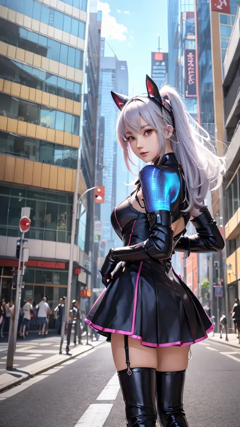 Anime girl wearing a dress and headband standing in front of a building, digital cyberpunk anime art, Digital Cyberpunk - Anime ...