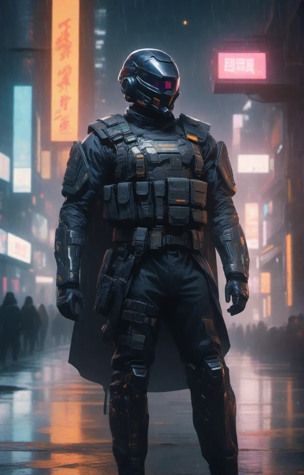 cinematic photo a man with a helmet with a tactical armour, Tactical vest with ammo pouches, A black cape behind him flowing in the wind, Thigh gun holster, Utility belt, side view, full body,cyberpunk background . 35mm photograph, film, bokeh, professional, 4k, highly detailed high-res, masterpiece, best quality,  with a tactical armour, Tactical vest with ammo pouches, A black cape behind him flowing in the wind, Thigh gun holster,