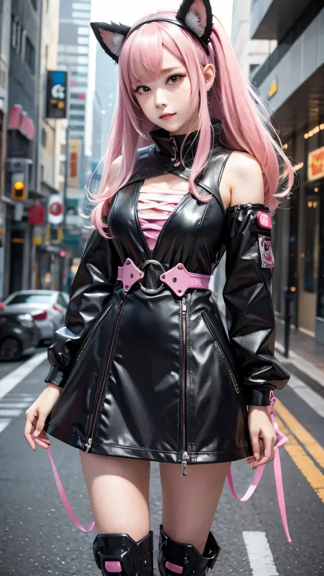 anime girl wearing a dress and headband standing in front of a building, digital cyberpunk anime art, digital cyberpunk - anime ...