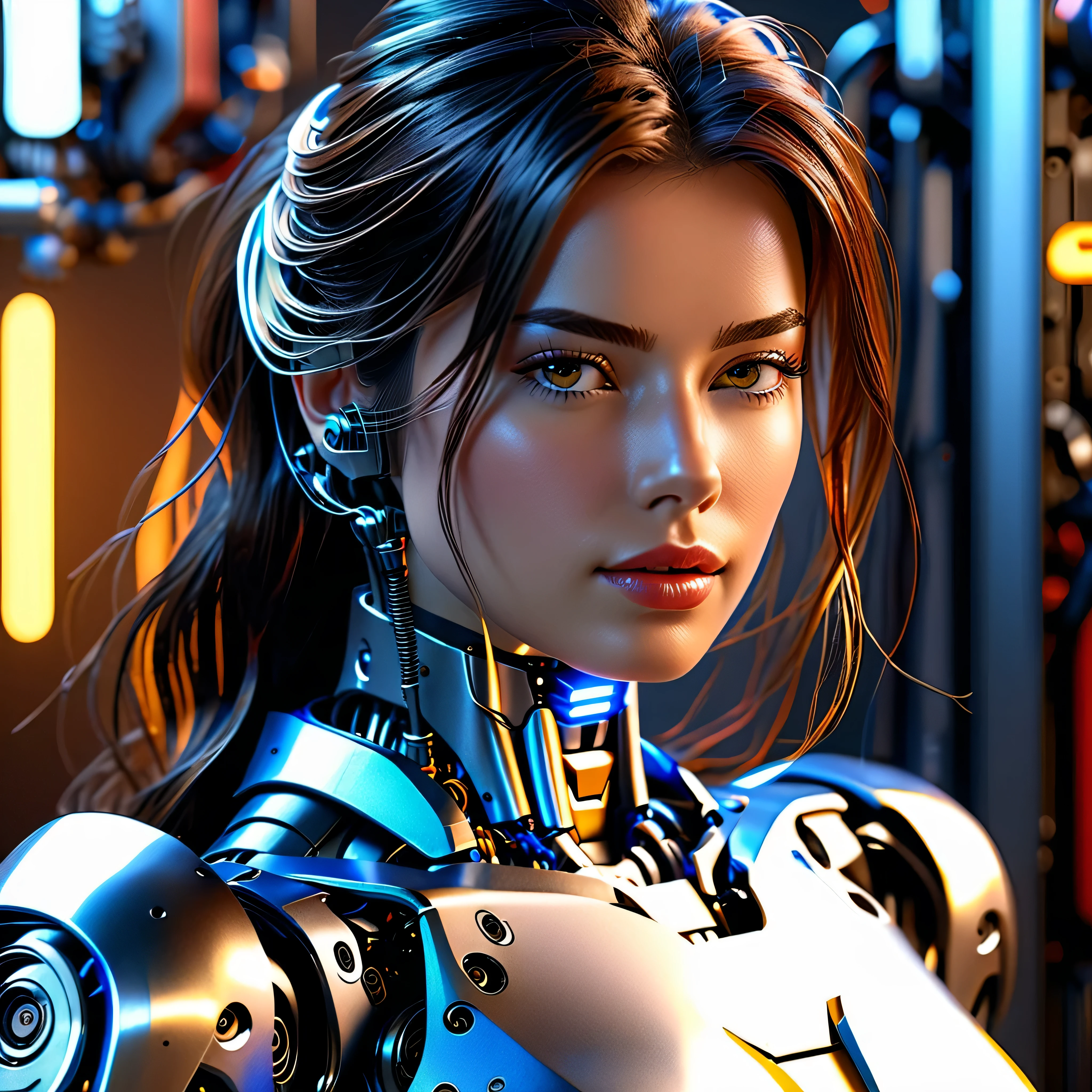 Super fine beautiful woman face, mechanical body: 1.5, online world background: 1.5, 1, 150mm, long hair, beautiful studio soft light, vibrant details, beautiful background, octane rendering, 8k, best quality, masterpiece, Illustrations, A very determined and beautiful, extremely detailed, CG, unity , wallpaper, (realistic, photo-realistic: 1.37), Amazing, finely detail, mastery, best quality, official art, extremely detailed CG unity 8k wallpaper, robot, full body, full body shooting, sitting