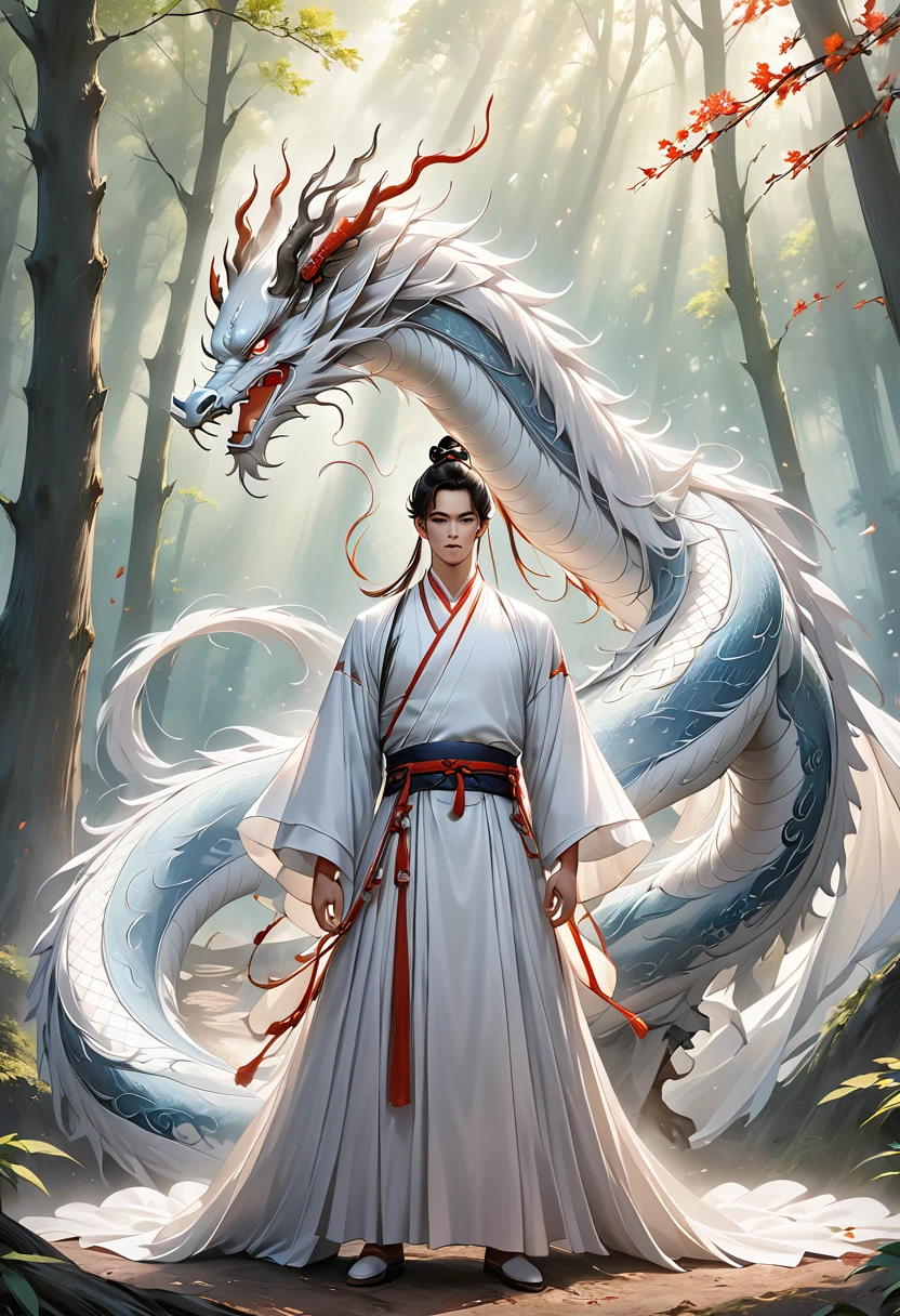 Natural Order Style, full-body shot side view of a man wearing hanfu summoning a glowing white spiritual transparent Chinese dragon entrenched around him, special effects, standing in the woods, highly detailed, ultra-high resolutions, 32K UHD, best quality, masterpiece,