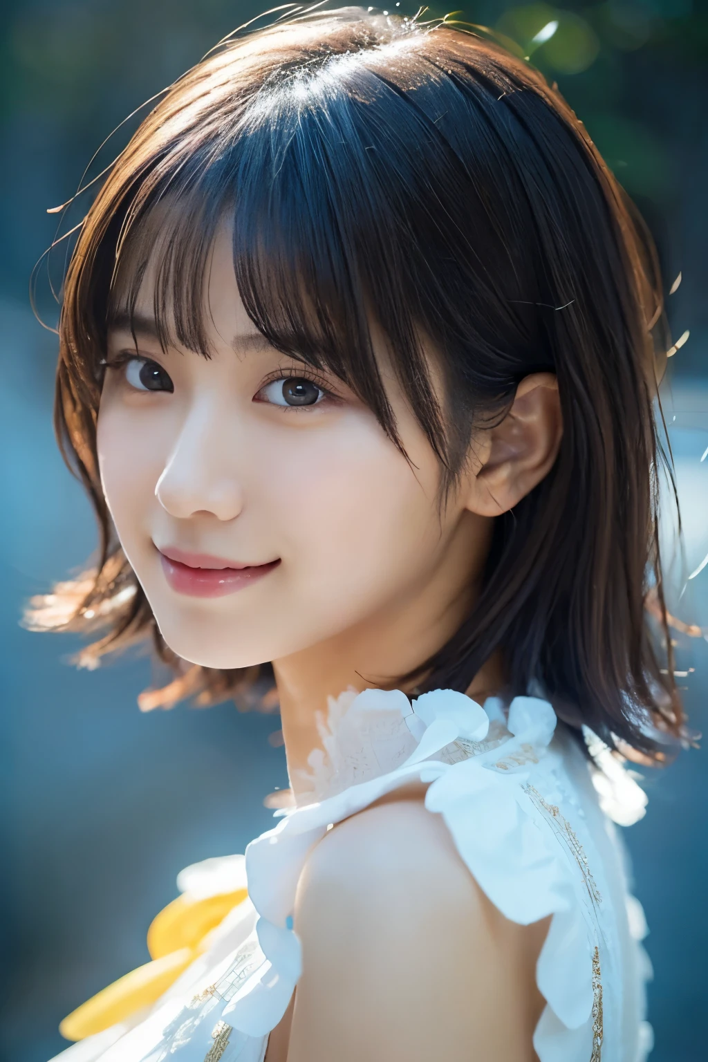 1 girl, (Wearing a white idol costume:1.2), Very beautiful Japanese idol portraits, 
(Raw photo, highest quality), (realistic, Photoreal:1.4), (masterpiece), 
very delicate and beautiful, very detailed, 2k wallpaper, wonderful, finely, Very detailed CG Unity 8k 壁紙, Super detailed, High resolution, soft light, 
beautiful detailed girl, very detailed目と顔, beautifully detailed nose, Finely beautiful eyes, cinematic lighting, 
(Simple background in bright colors:1.3),
(short hair), (parted bangs), 
complete anatomy, slender body, small breasts, smile